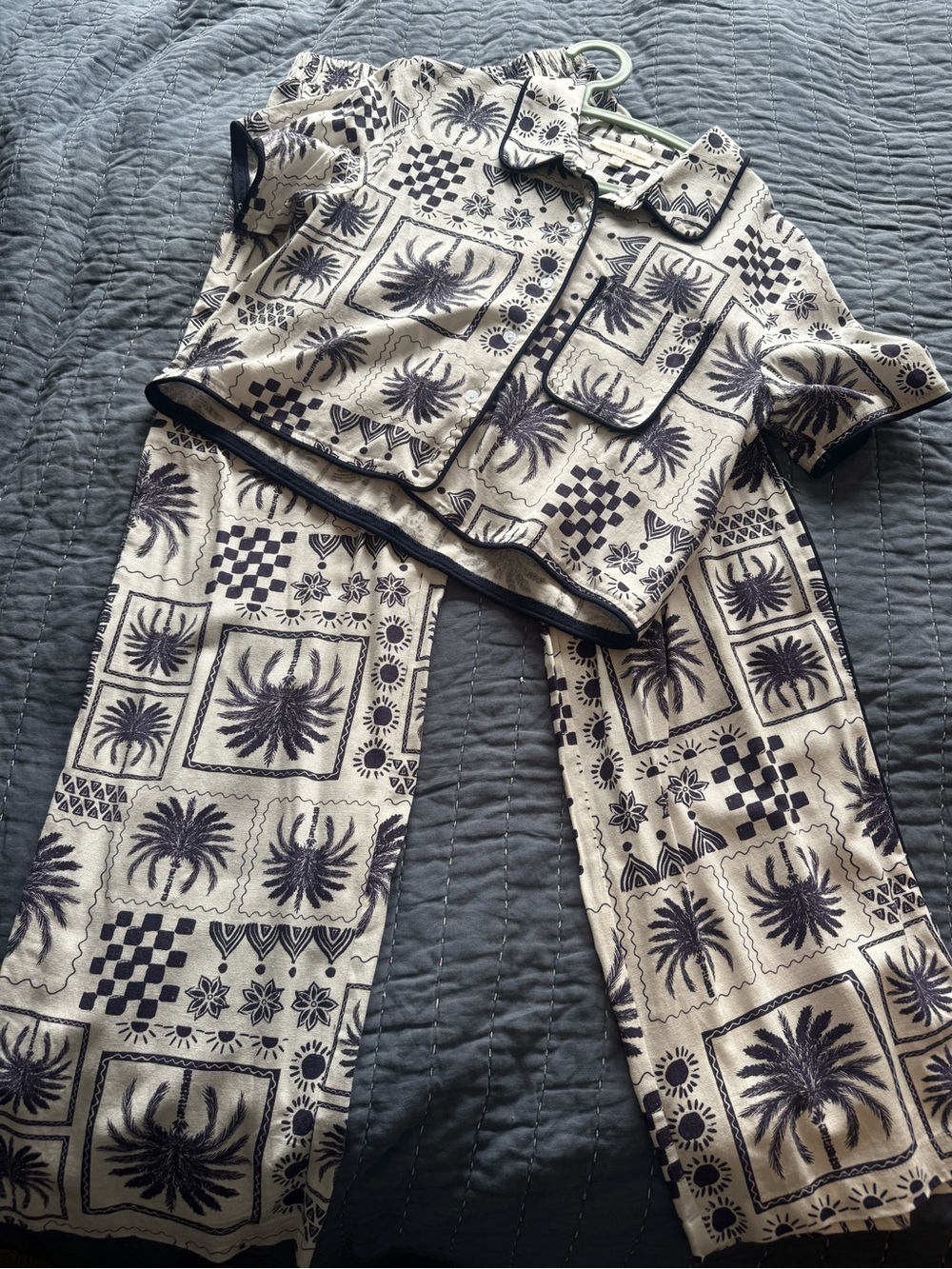 Monteau Navy and White Palm Print Linen Feel Set Medium